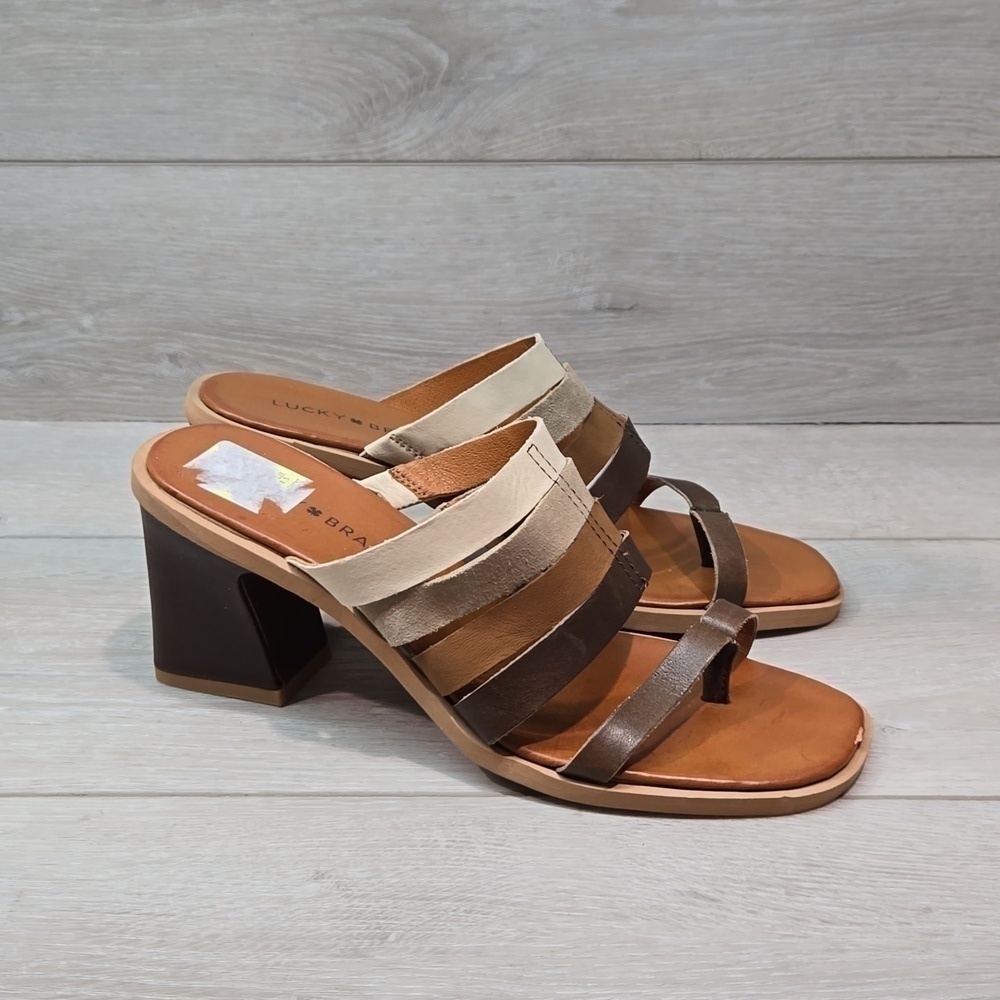 Lucky Brand Women Bazzra Leather loop toe strappy heels sandals shoes sz 8.5M